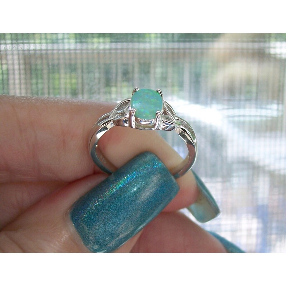 925 STERLING SILVER Lab Created Green Fire Opal Ring - Picture 9 of 16